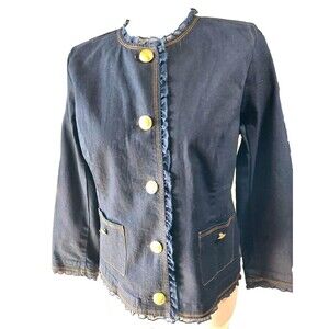 Joan Rivers Women's Jacket Blazer Sz 10 Blue/Black Denim Gold Button down ruffle